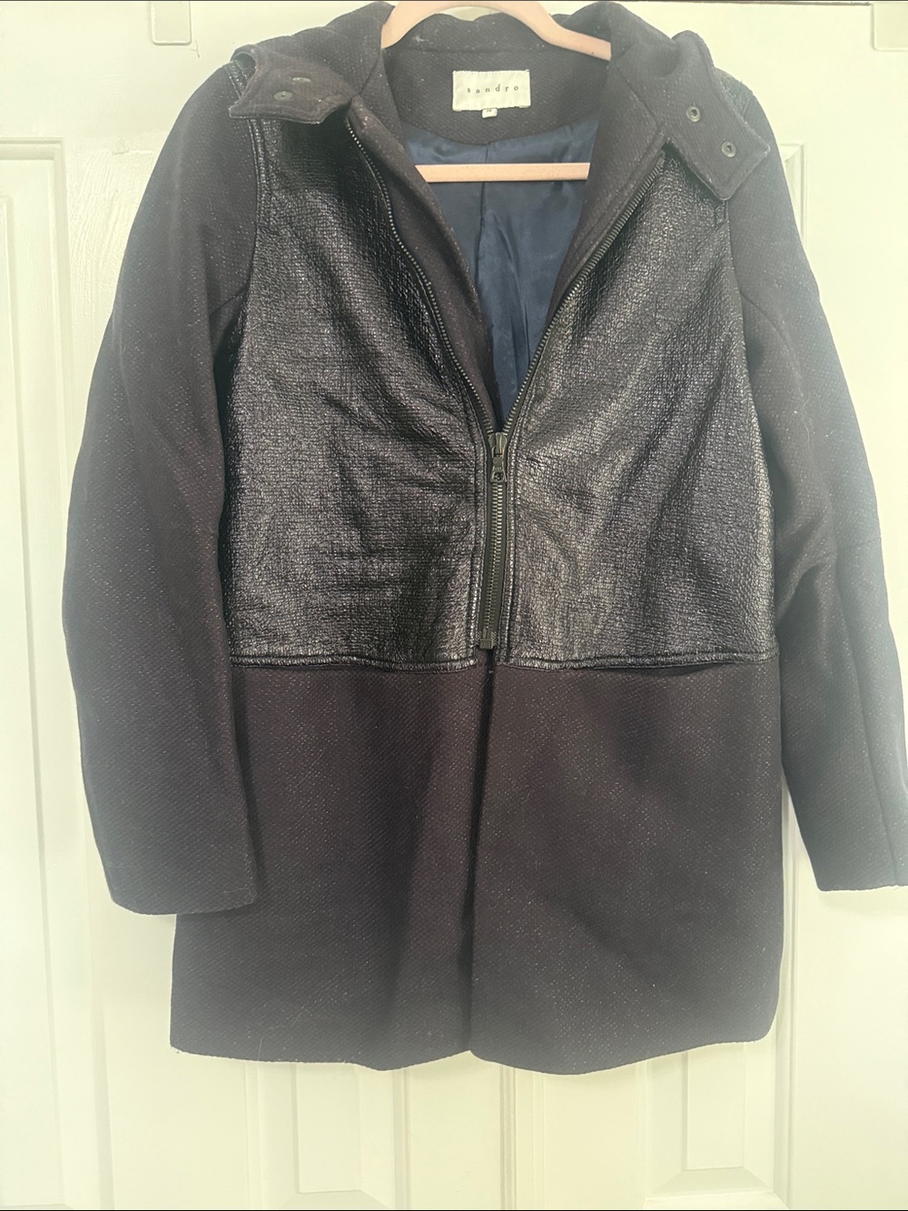 Sandro Navy Mixed Fabric Coat with Hood